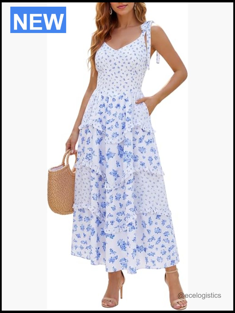 Sleeveless Maxi Dress With Pockets Smocked Boho Tie Shoulder